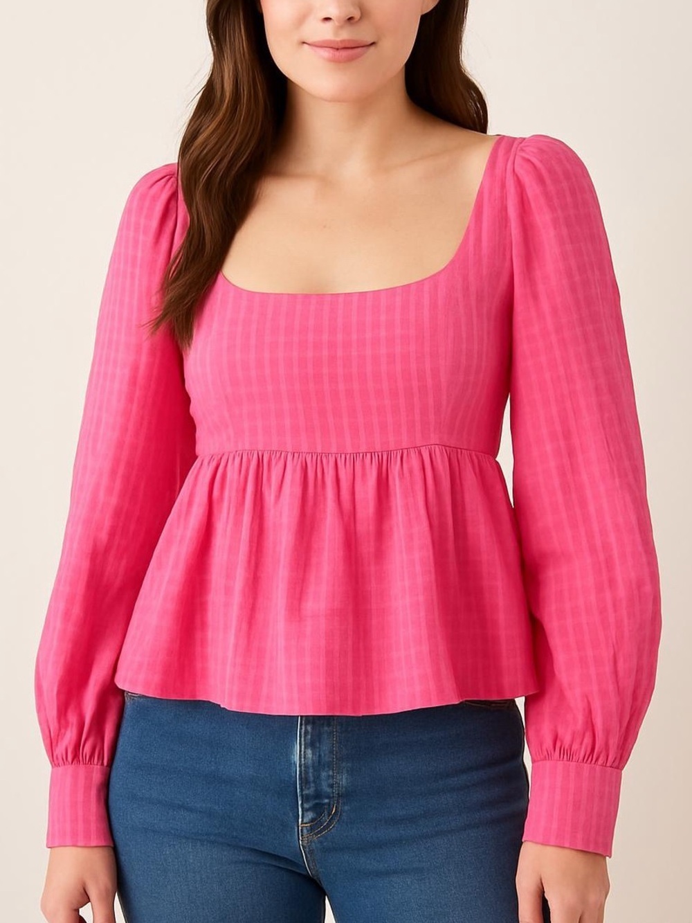 [NWT] WAYF Pink Long Sleeve Peplum Square Neck Babydoll Bohemian Blouse - Sz S